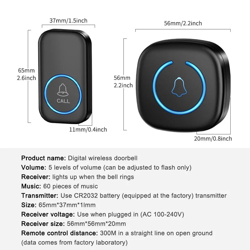 300m Wireless Doorbell with 60 Chimes